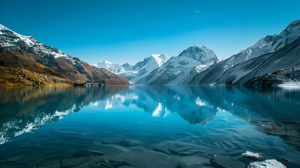 A serene glacial lake surrounded by snow-capped mountains, reflecting the clear blue sky above