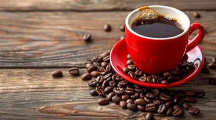 A red coffee cup filled with black coffee and a saucer on a wooden table scattered with coffee beans. - Powered by Adobe