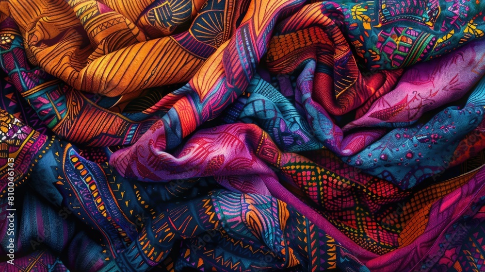 Poster vibrant and diverse stack of colorful fabrics, perfect for textile design projects