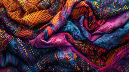 Vibrant and diverse stack of colorful fabrics, perfect for textile design projects