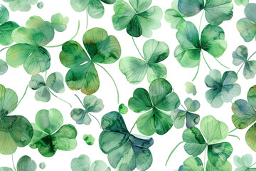 Watercolor Clover, Lucky four-leaf clovers, Seamless pattern illustration 