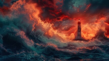 Ocean Waves Crashing Against Lighthouse. Nature's Power Concept: Scenic view of a lighthouse on a rocky coast, battered by powerful ocean waves under a stormy sky