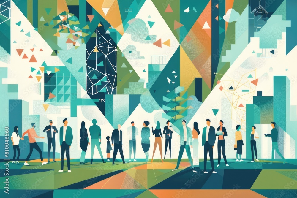 Poster a group of people standing in front of a building. suitable for various business concepts