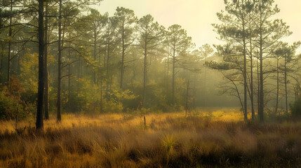 A serene landscape of the Pine Barrens at sunrise, the early light casting golden hues over the dense forest
