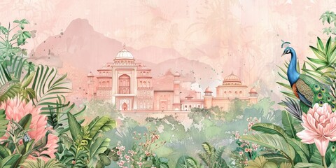 A pastel light pink and green wedding invitation card with an Indian palace in the background, a peacock bird, plants and flowers, and watercolor painting with muted colors