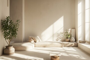A comfortable living room setting with a stylish couch and a green potted plant. Suitable for interior design concepts