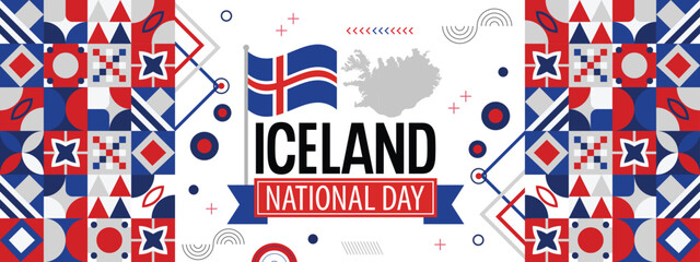 Iceland national day banner design. Icelandic flag and map theme graphic art web background. Abstract celebration geometric decoration, red white blue color.