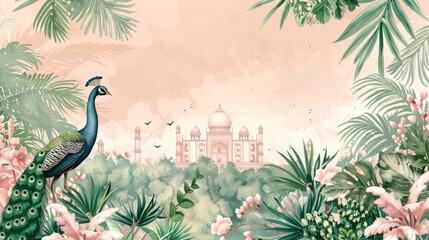 A pastel light pink and green wedding invitation card with an Indian palace in the background, a peacock bird, plants and flowers, and watercolor painting with muted colors