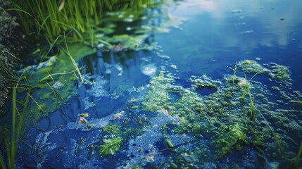A body of water with green algae. Suitable for environmental concepts