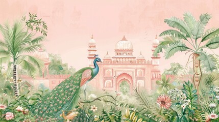 A pastel light pink and green wedding invitation card with an Indian palace in the background, a peacock bird, plants and flowers, and watercolor painting with muted colors