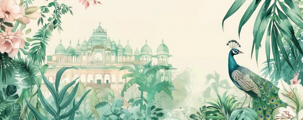 A pastel light pink and green wedding invitation card with an Indian palace in the background, a peacock bird, plants and flowers, and watercolor painting with muted colors