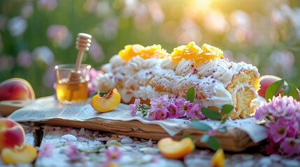   A slice of cake perched atop a wooden chopping block alongside blossoms and an orange drink