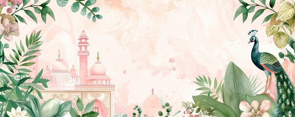 A pastel light pink and green wedding invitation card with an Indian palace in the background, a peacock bird, plants and flowers, and watercolor painting with muted colors