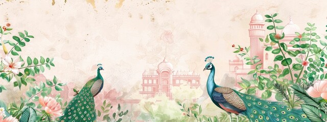 A pastel light pink and green wedding invitation card with an Indian palace in the background, a peacock bird, plants and flowers, and watercolor painting with muted colors