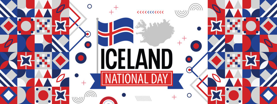 Iceland national day banner design. Icelandic flag and map theme graphic art web background. Abstract celebration geometric decoration, red white blue color. - Powered by Adobe