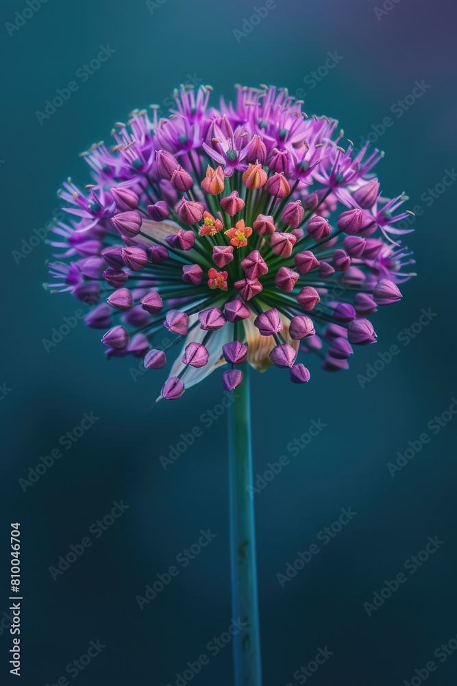 Poster detailed close up of a purple flower on a stem. suitable for botanical projects