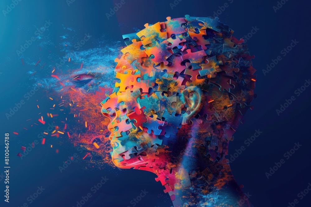 Poster Man's head covered in puzzle pieces, suitable for concepts of problem-solving and creativity