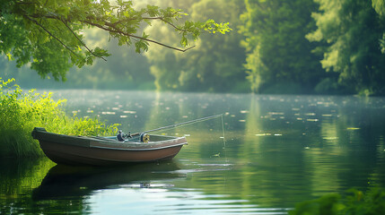 Tranquil Wooden Boat on Serene Lake, Peaceful Forest Retreat