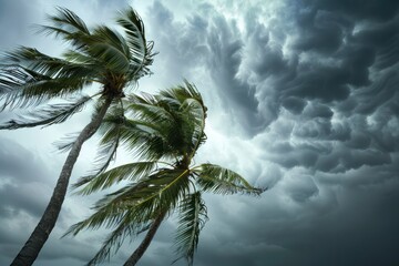 Coconut palm trees blowing in the wind on an island, again dark grey sky