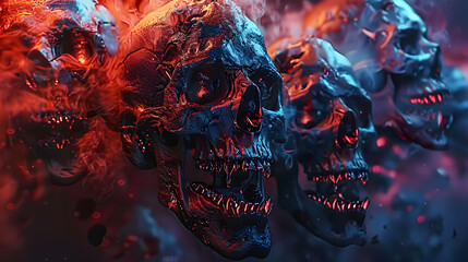 Obraz premium 3D illustration of vicious metal monster heads in a modern thrash aesthetic.
