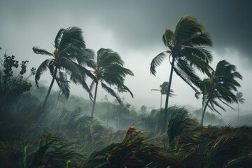 Obraz premium Coconut palm trees blowing in the wind on an island, again dark grey sky