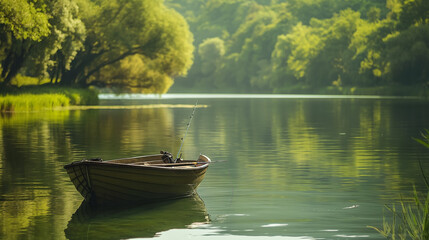 Tranquil Wooden Boat on Serene Lake, Peaceful Forest Retreat