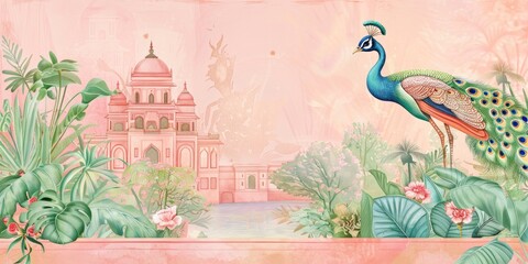 A pastel light pink and green wedding invitation card with an Indian palace in the background, a peacock bird, plants and flowers, and watercolor painting with muted colors