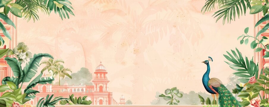 A pastel light pink and green wedding invitation card with an Indian palace in the background, a peacock bird, plants and flowers, and watercolor painting with muted colors