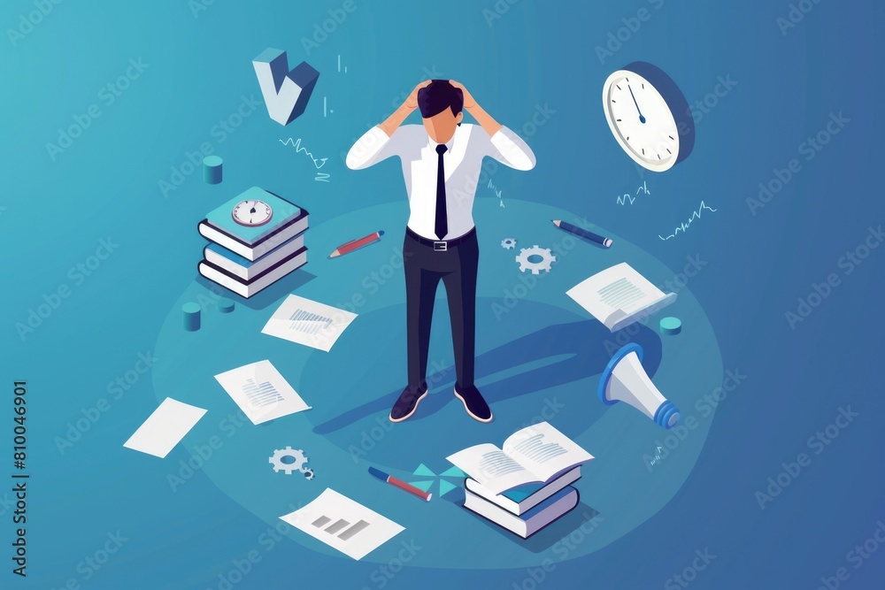 Aufkleber A man standing in front of a clock surrounded by books and papers. Suitable for time management concept