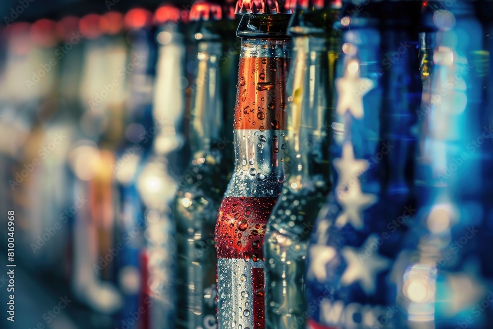 Poster row of beer bottles on a shelf, perfect for advertising or beverage concepts
