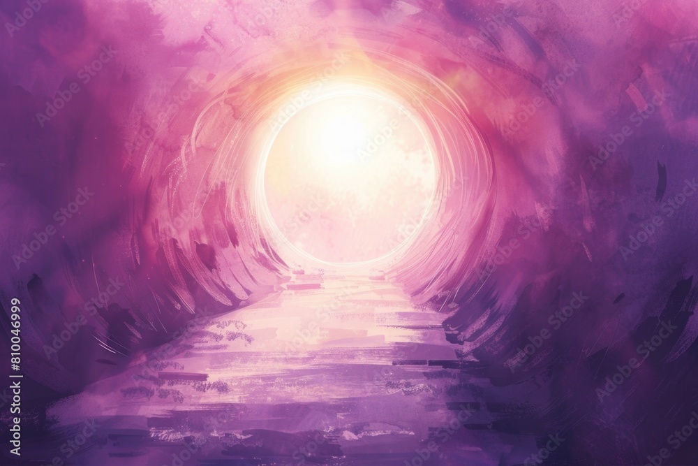 Poster a painting depicting a light shining at the end of a dark tunnel. suitable for inspirational and mot