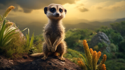 A curious meerkat standing on its hind legs, surveying the jungle landscape. - Powered by Adobe