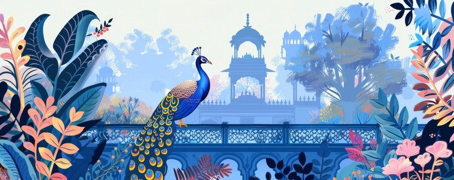 Peacock and palace arch in the distance, blue background with ornate border pattern and plants in Indian style