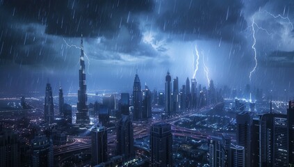 extreme rainstorm in Dubai with lightning and thunder on skycrapers background