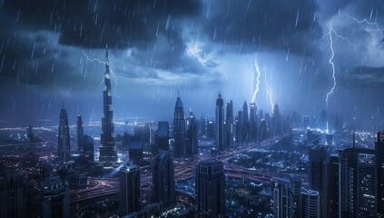 Fototapeta premium extreme rainstorm in Dubai with lightning and thunder on skycrapers background