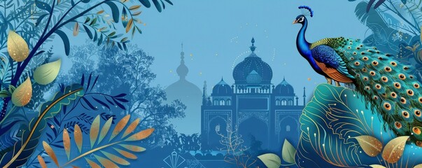 Peacock and palace arch in the distance, blue background with ornate border pattern and plants in Indian style