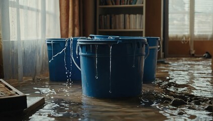 Roof is Leaking, Pipe Rupture at Home Water Drips into Buckets in Living Room