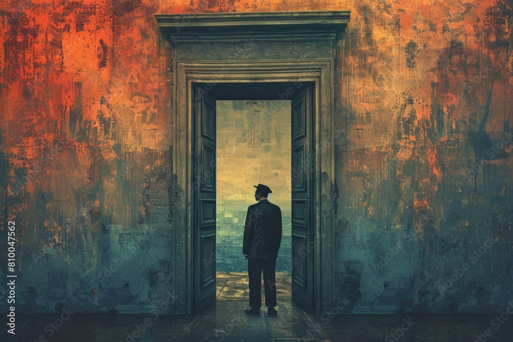 Poster A man standing in front of an open door. Suitable for various concepts and designs