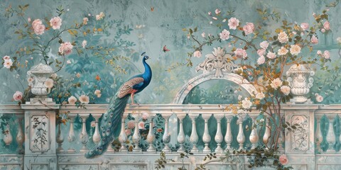 Vintage wallpaper of a Parisian Chinoiserie Garden with a peacock, flowers and birds in pastel green tones, a white marble fence, arches, a garden, rococo, Asian art, a romantic scenery,  watercolor
