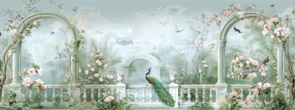 Vintage wallpaper of a Parisian Chinoiserie Garden with a peacock, flowers and birds in pastel green tones, a white marble fence, arches, a garden, rococo, Asian art, a romantic scenery,  watercolor