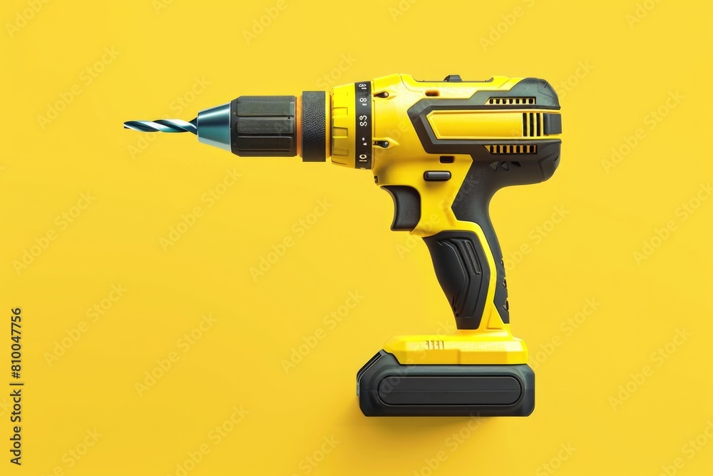 Poster a cordless drill on a vibrant yellow background. perfect for diy projects and construction themes