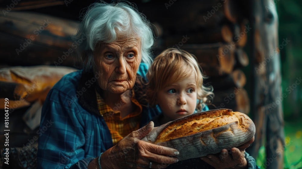 Poster a touching image of an old woman and a young girl holding a loaf of bread. suitable for various them