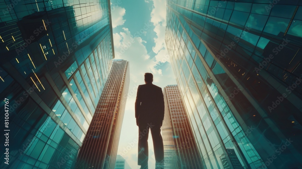 Poster a man standing in front of tall buildings. suitable for urban concepts