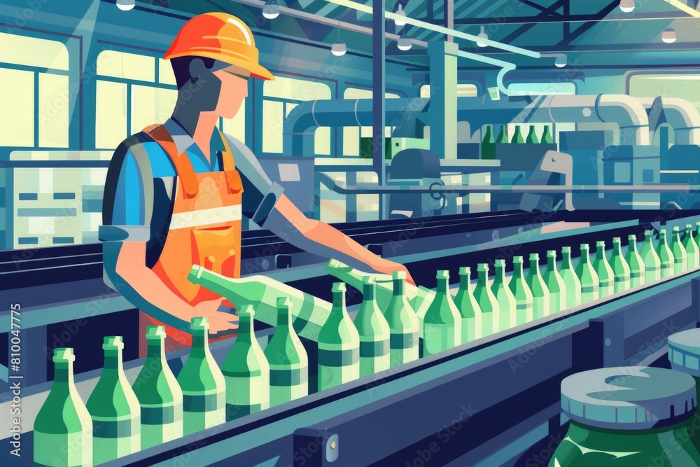 Poster a man working on a conveyor belt in a factory. suitable for industrial and manufacturing concepts