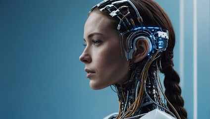 side view of robot female on blue background while created with futuristic technology with wires connected from body to head