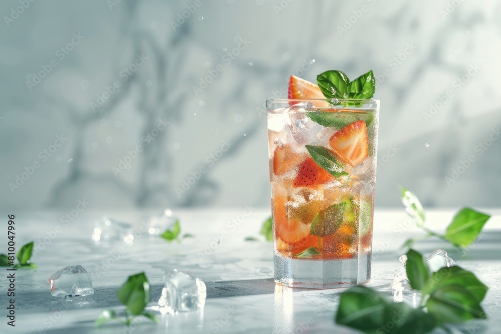 Poster a glass filled with fruit and ice on a table, perfect for refreshing summer drink concepts