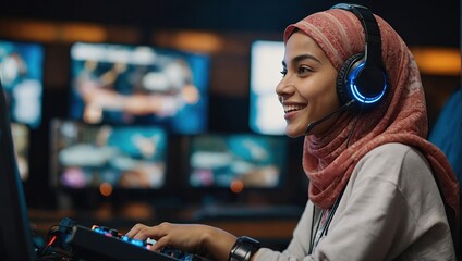 Side view portrait of Muslim young woman playing video games in cybersports club and smiling happily, copy space 