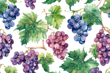 Obraz premium Watercolor Grapevines, Grape leaves and clusters, Seamless pattern illustration 