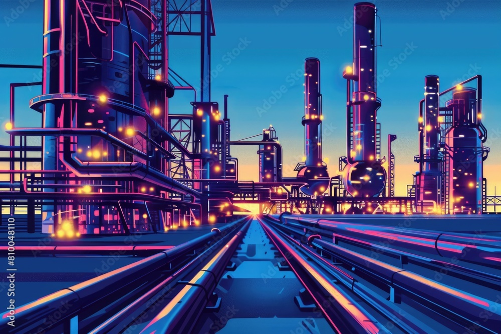Poster A factory with a complex network of pipes. Suitable for industrial concepts