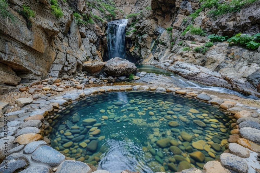 Poster serene image of a waterfall cascading into a tranquil rock pool. ideal for nature-themed designs